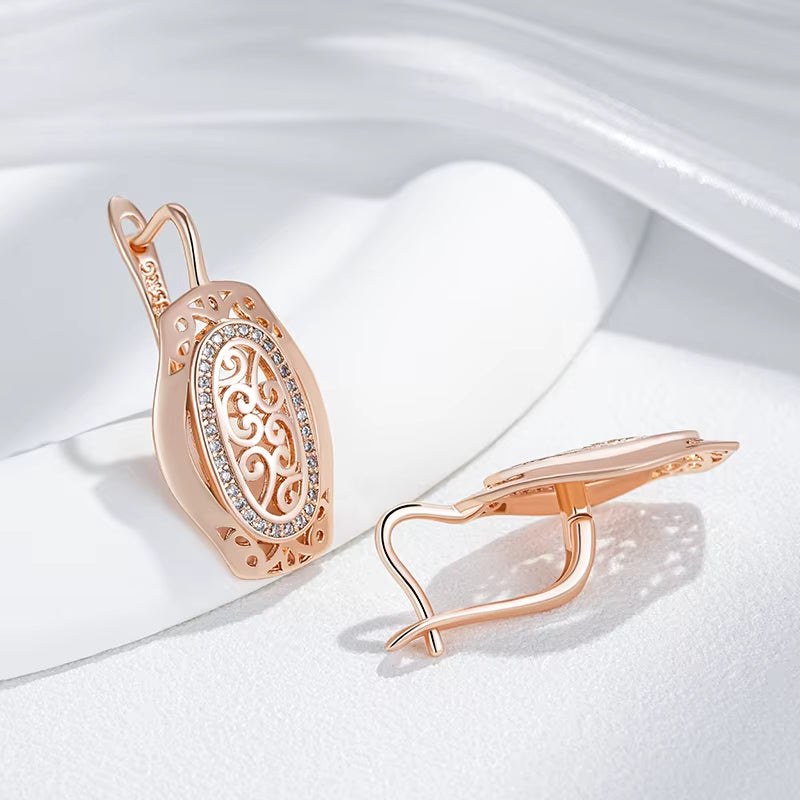 Hot 585 Rose Gold Color Ethnic Bride Drop Earrings for Women Hollow Pattern Natural Zircon Accessories Daily Fine Jewelry