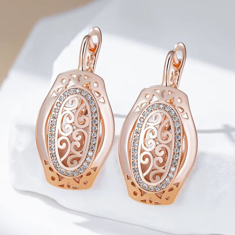 Hot 585 Rose Gold Color Ethnic Bride Drop Earrings for Women Hollow Pattern Natural Zircon Accessories Daily Fine Jewelry