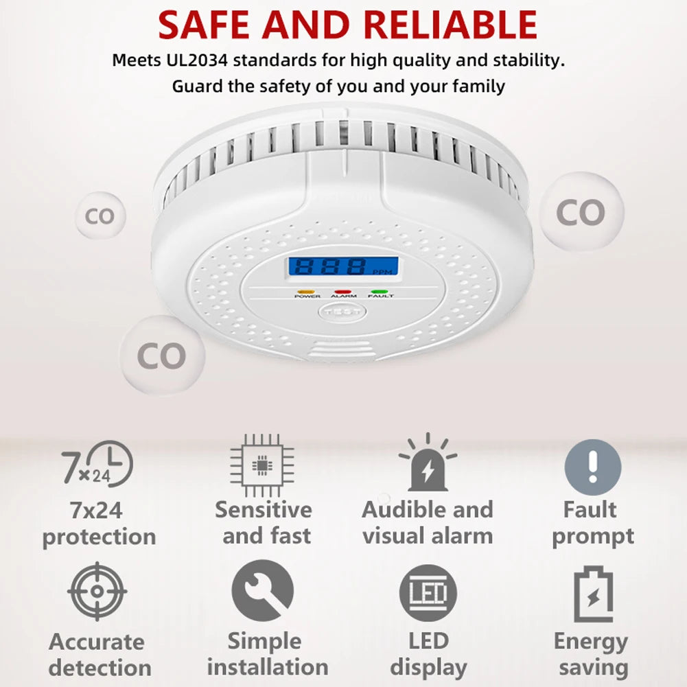 Digital CO Gas Monitor Alarm Detector Carbon Monoxide Standalone Detector with Battery Powered Portable CO Sensor Kitchen Suppli