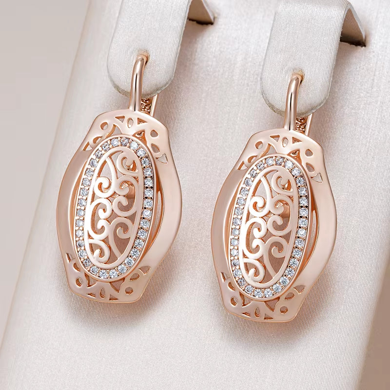 Hot 585 Rose Gold Color Ethnic Bride Drop Earrings for Women Hollow Pattern Natural Zircon Accessories Daily Fine Jewelry